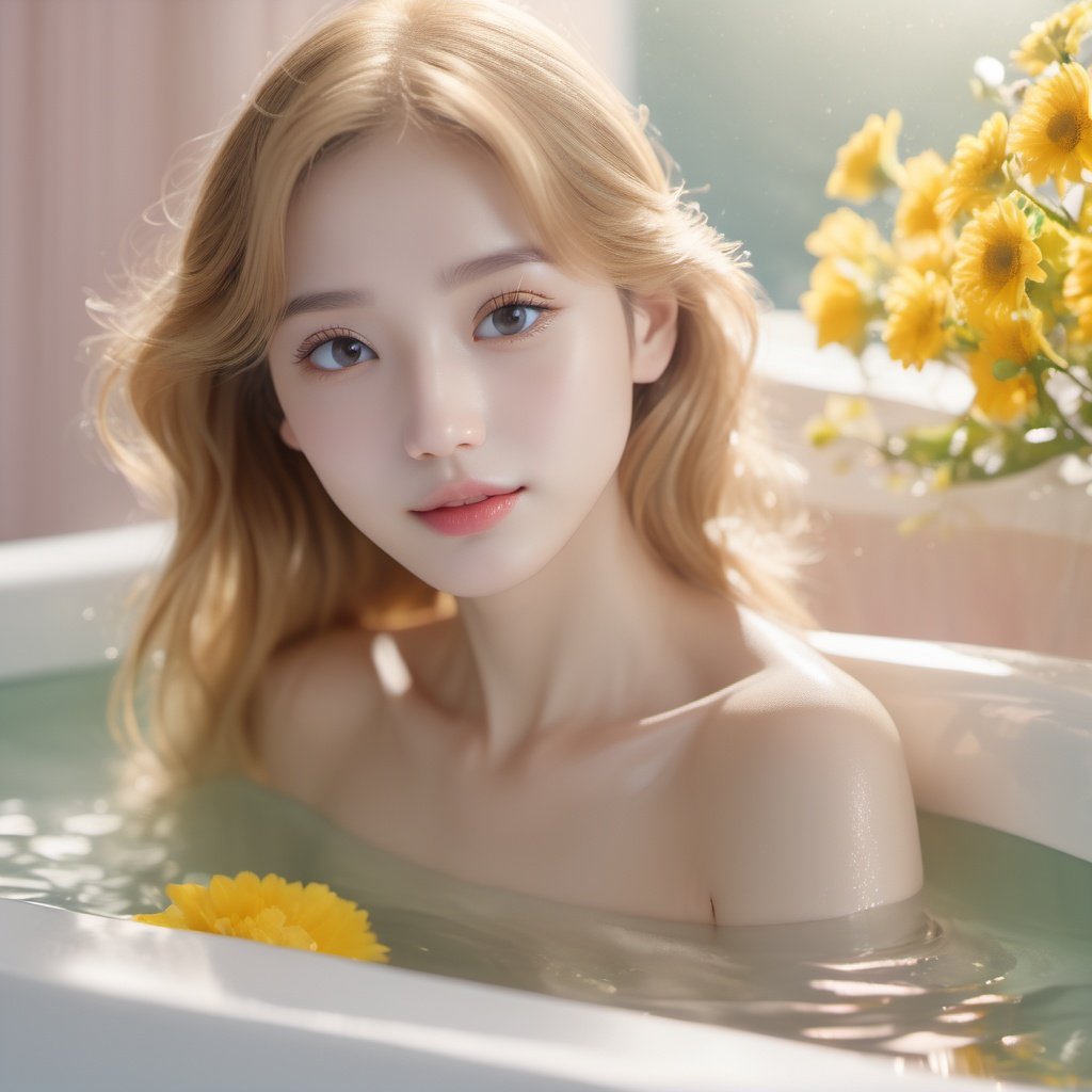 fsw,In the bathroom, a beautiful girl lies in a large bathtub filled with warm, misty water. Soft sunlight from the window illuminates her delicate features, making her golden hair shimmer like diamonds. Pastel-colored flowers adorn the walls, adding a touch of elegance to the space. Her serene expression reflects a sense of tranquility and contentment as she enjoys her private moment of relaxation, detailed skin, (masterpiece,best quality, ultra realistic,32k,RAW photo,detail skin, 8k uhd, dslr,high quality:1.5),