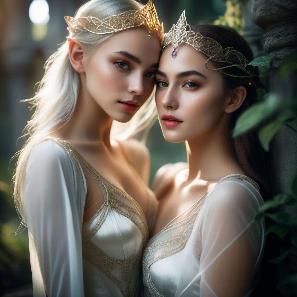 two 18 year old elven women with delicate hugging each other, shiny skin, translucent wrapped white silk clothes, filigree silk stockings, (epic fantasy background with overgrown ruins), detailed background, red eyes, close-up, amazing fine detail, RAW photo, Nikon D850 film stock photograph Kodak Portra 400 camera f1.6 lens, rich colors, lifelike texture, dramatic lighting, unreal engine, trending on ArtStation, cinestill 800 tungsten