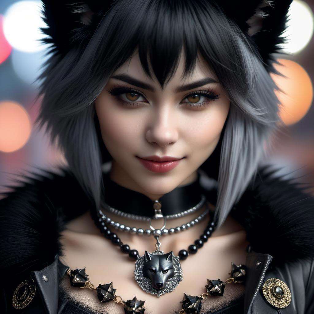 (Highest Quality, 4k, masterpiece, Amazing Details:1.1), wearing wear out gothic clothes, Shallow Depth of Field, E671, lens 50mm f/2.0, ((furry_wolf_female anthro)), pircings, studded bracelet, (photorealistic) (RAW Photo)), angry, evil smile, ((gothic_circus))