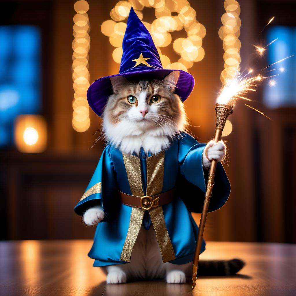 a cat, ((wizard outfit)), epic scene, dynamic camera, backlight, (close up:1.2), high quality photography, 3 point lighting, flash with softbox, 4k, Canon EOS R3, hdr, smooth, sharp focus, high resolution, award winning photo, 80mm, f2.8, bokeh