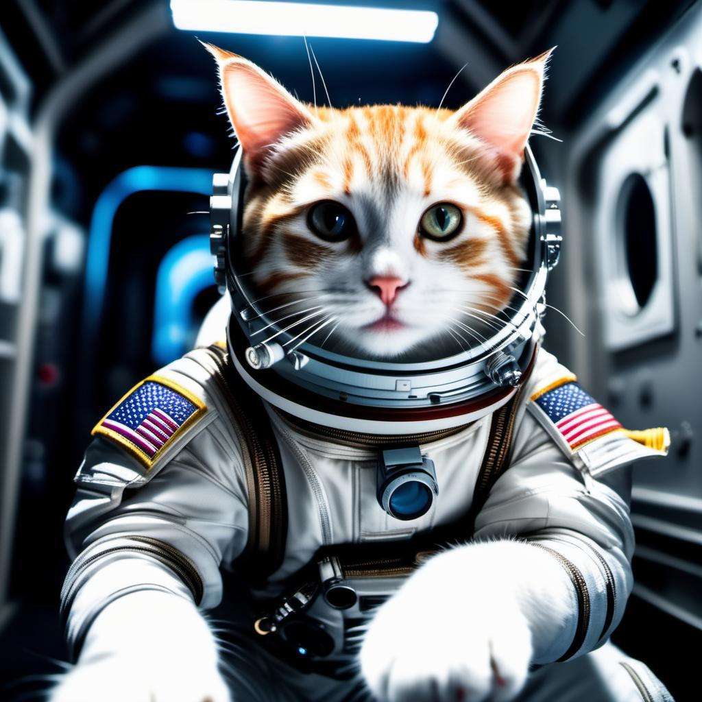 ((photo:1.2)), A cute cat, space suit, dramatic lighting, dynamic pose, dynamic camera,masterpiece, best quality, dark shadows, ((inside space station))
