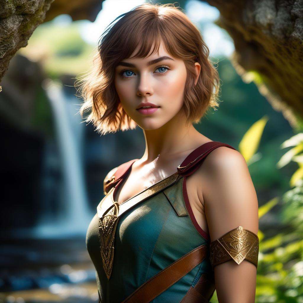 RAW photo of ((18 year old valkyrie with short hair, front bangs)), Highest quality, (natural lighting:0.7), masterpiece, ((shot from below)), cute, colorful, (((full body:1.5))), ((epic overgrown fantasy ruins and a small river with waterfalls)), small breasts, natural lights, perfect face, alluring eyes, vivid detail, freckles, ((colorful)), sunlight, key lighting, (backlighting:0.5), medium depth of field, masterpiece photo, 50mm lens, F/4 aperture, (hyperdetailed, intricate), sharp focus