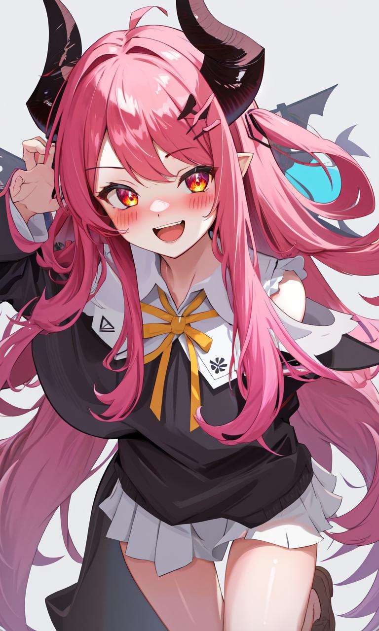 <lora:DevilEYE:1>  1girl, looking at viewer,  solo,  long hair,  blush,  smile,  horns,  open mouth,   demon_girl, 