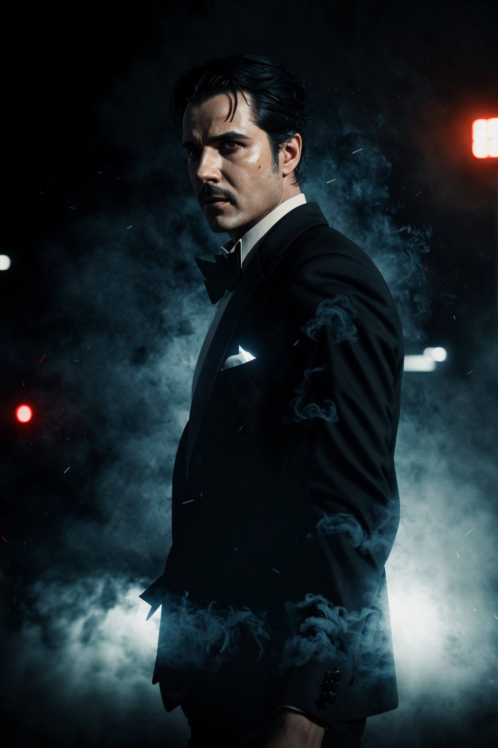 guiltys, a detective man, tuxedo on, thriller theme, upper body, deal with it, serious theme, dramatic mood, (bokeh:1.1), depth of field, style of Casey Baugh, tracers, vfx, splashes, light particles, police departament background, signs, illustration, artstation, smoke, fog, steam
