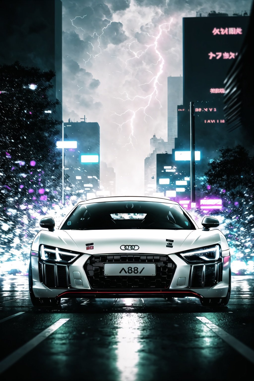 guiltys, huge smile, audi r8 car, riding, underground theme, upper body, deal with it, dj theme, synthwave theme, (bokeh:1.1), depth of field, style of Alena Aenami, tracers, vfx, splashes, lightning, light particles, electric, white background, signs, symbols, logos