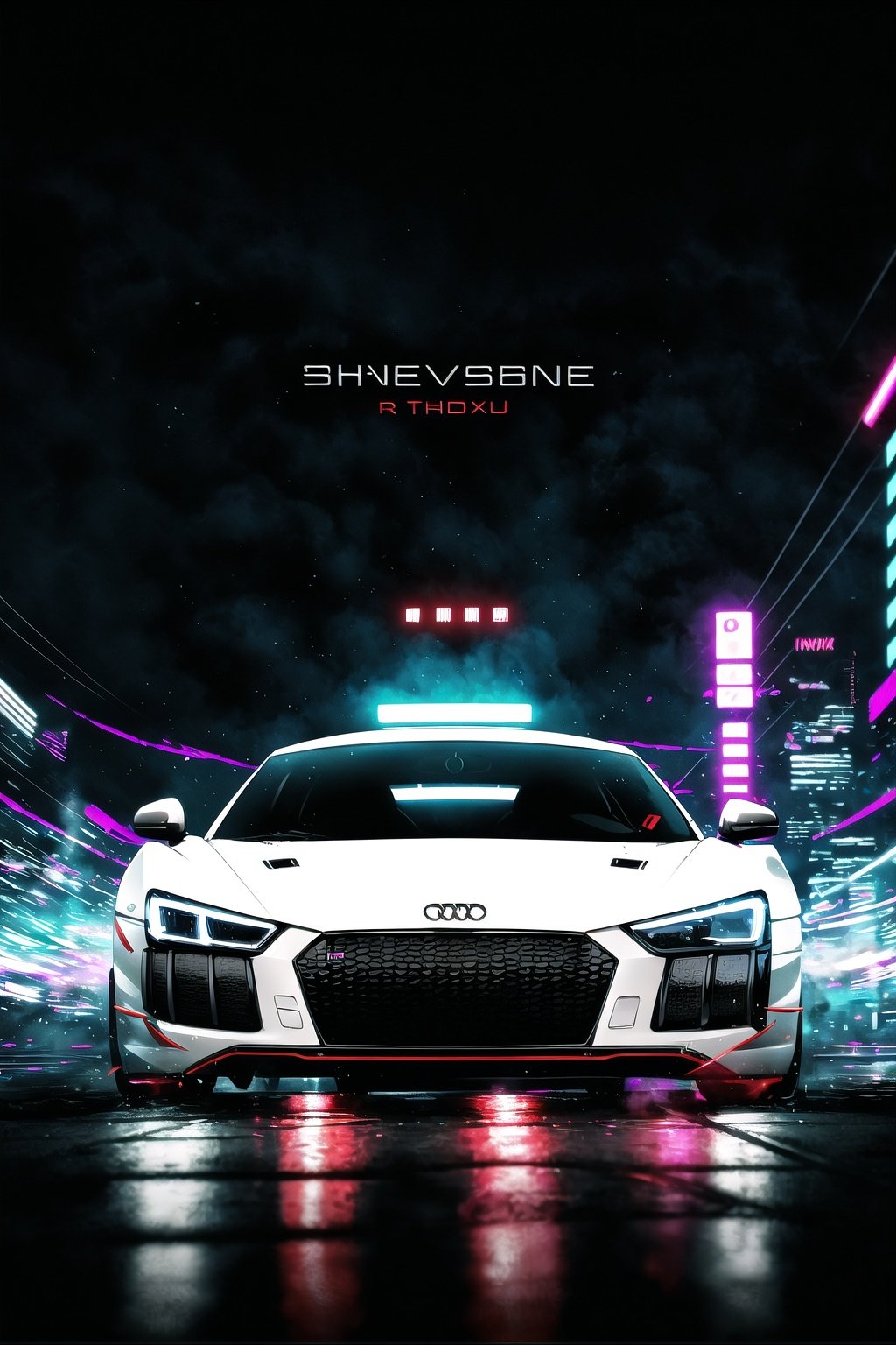 guiltys, huge smile, audi r8 car, riding, underground theme, upper body, deal with it, dj theme, synthwave theme, (bokeh:1.1), depth of field, style of Alena Aenami, tracers, vfx, splashes, lightning, light particles, electric, white background, signs, symbols, logos