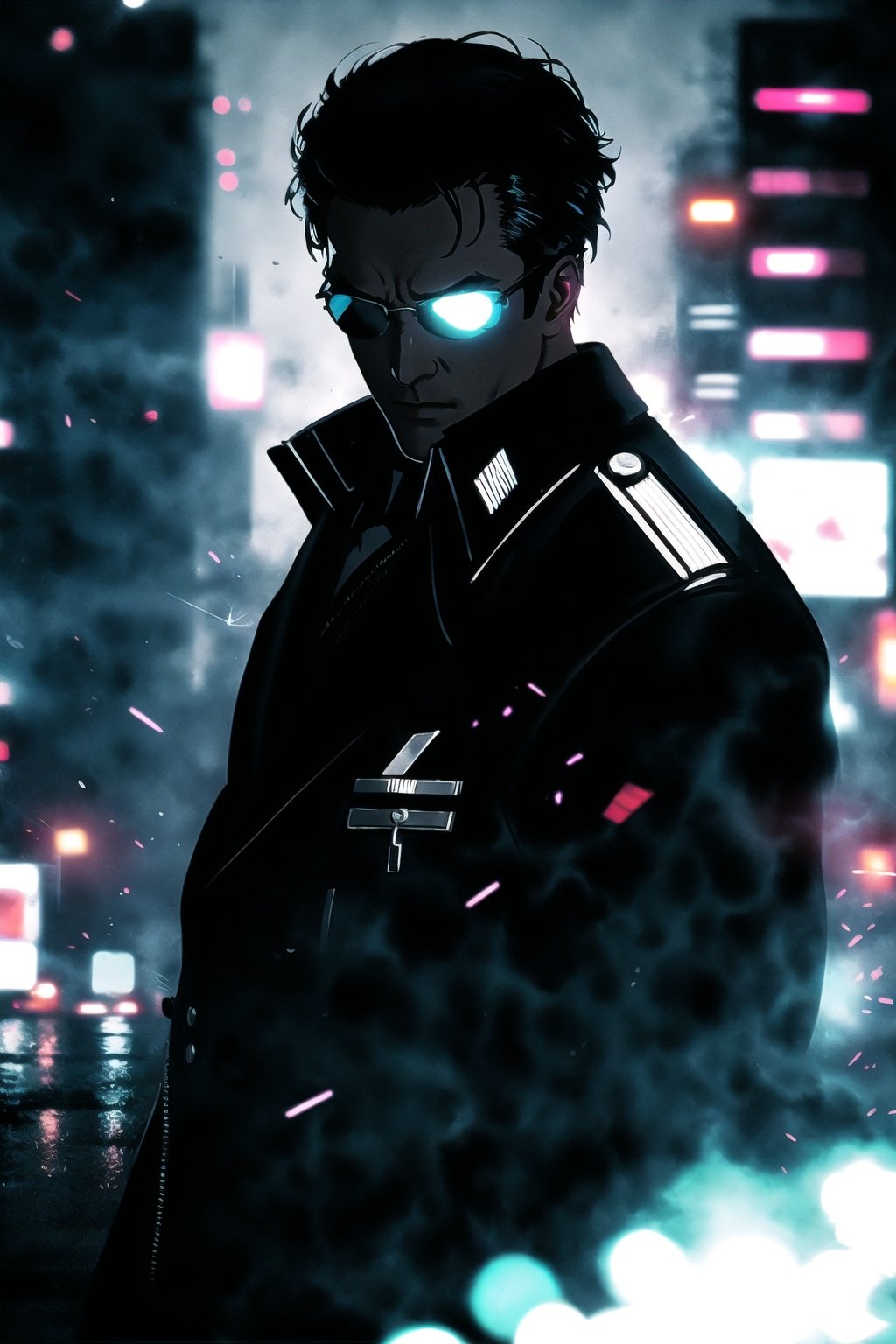 guiltys, a detective man, tuxedo on, thriller theme, upper body, deal with it, synthwave theme, dramatic mood, (bokeh:1.1), depth of field, style of Casey Baugh, tracers, vfx, splashes, lightning, light particles, electric, police departament background, signs, illustration, artstation