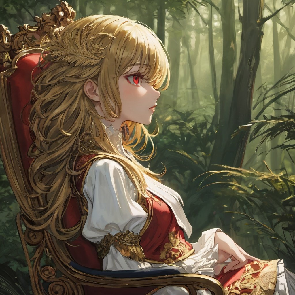 anime,Medium view, girl focus, a girl, sitting sideways on a luxurious chair, hand supporting chin, looking out of the camera, red eyes, detailed engraved picture part, delicate and beautiful face, exotic, mysterious forest, high detail red eyes, wind, wind blowing hair, windward, high detail hair, aristocratic clothing, fluff, golden feathers, epic, masterpiece, wooden, old, golden hair,1girl