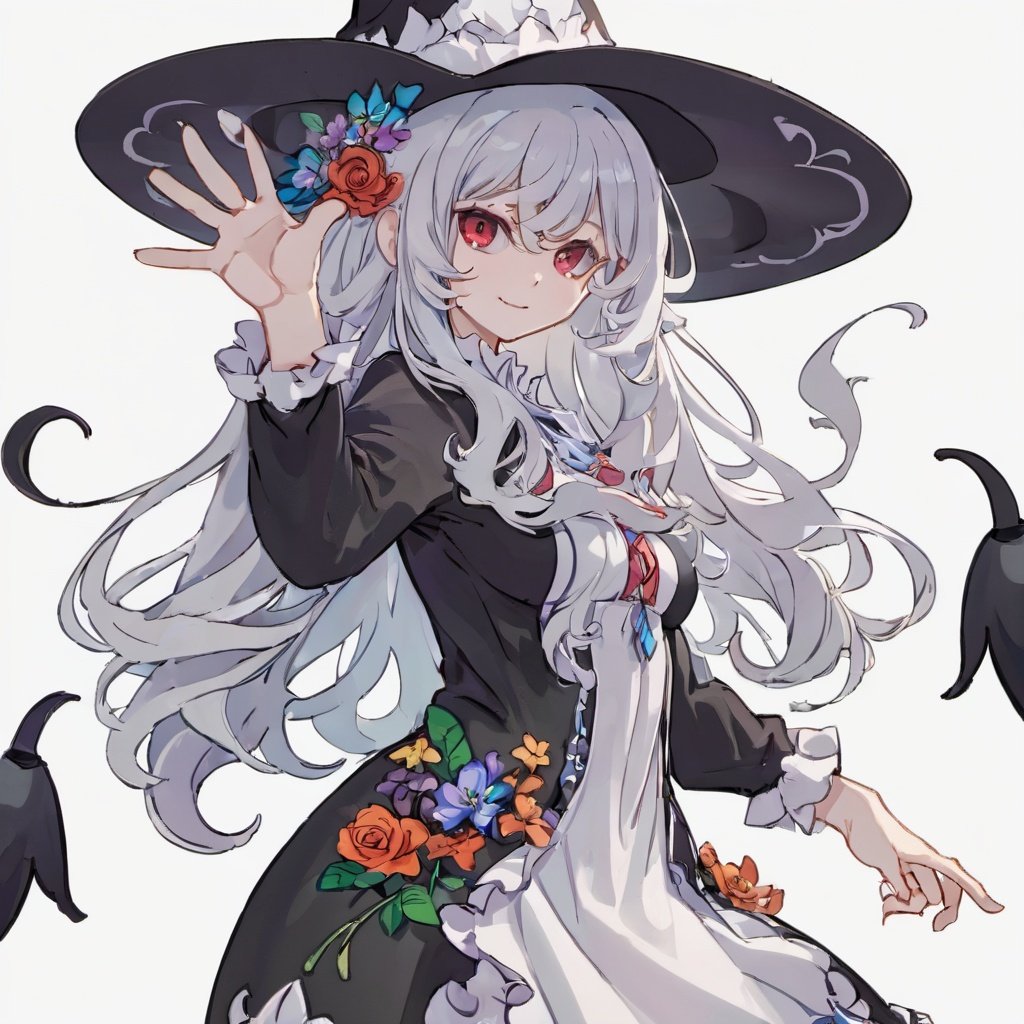 anime,(masterpiece:1.2),(arms behind back:1.2),best quality,game cg,1girl,solo,long hair,white hair,hair ornament,dress,full body,looking at viewer,simple background,red eyes,standing,hair flower,white background,white dress,closed mouth,long sleeves,skirt,wavy hair,blush,large breasts,smile,very long hair,hand up,floral print,witch hat,elf,evil ghost
