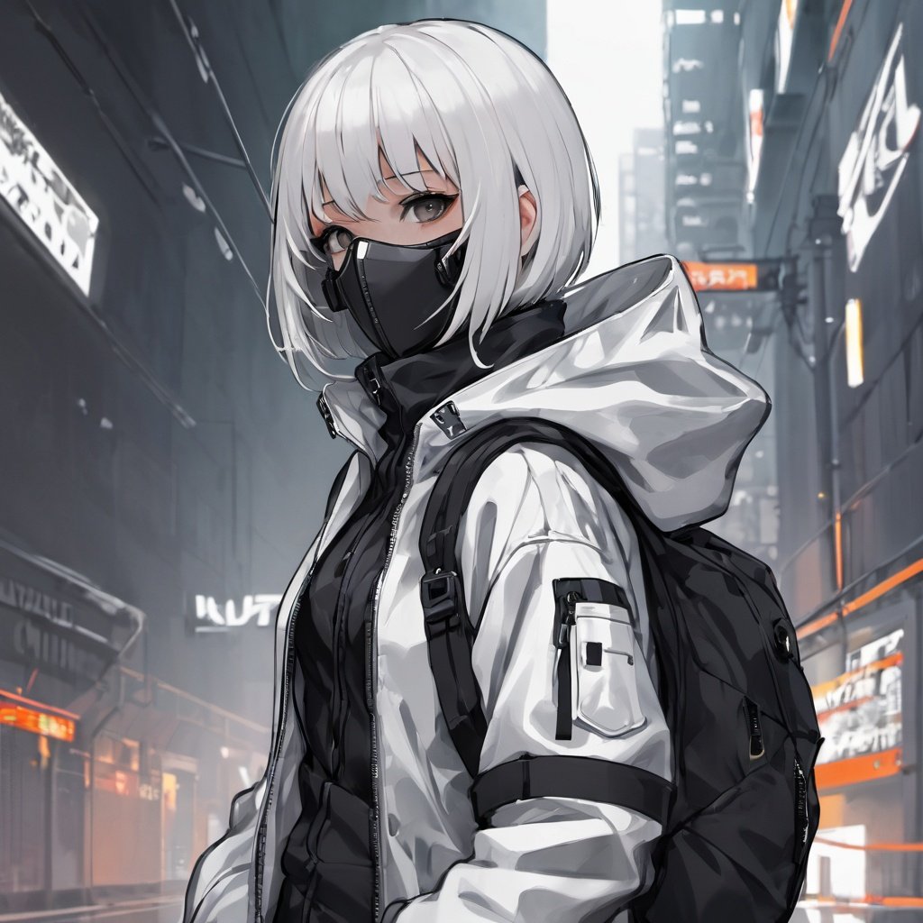 anime,(1girl, helmet, hood, solo, spacesuit, short_hair, bangs, jacket, upper_body, white_hair, bag, blurry, coat, grey_eyes, mask, blurry_background, backpack, zipper, mouth_mask, covered_mouth, urban techwear, outfit
