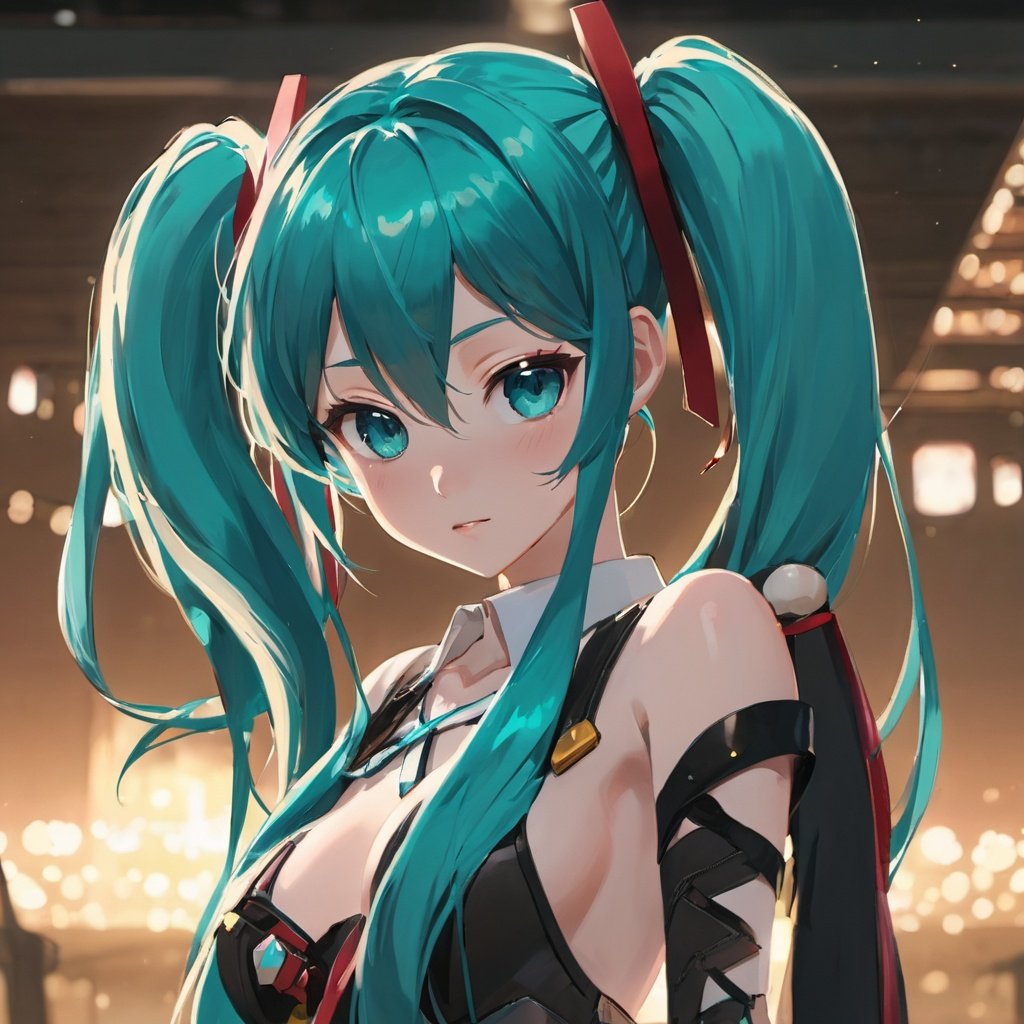 beautiful age 18 girl, (anime screencap), aqua hair, hatsune miku, twin tails, sexy, beautiful, dslr, 8k, 4k, natural skin, textured skin, pixiv, depth of field, cinematic compotision, best lighting, cowboy shot