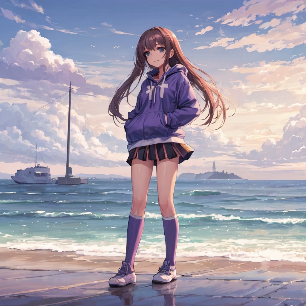 anime,best quality,ultra-detailed,full body,highly detailed,masterpiece,illustration,brown hair,comic,cross-laced_footwear,medium breast,expressionless,long hair,cloudy,sky,1girl,hoodie ,light blush,pixel_art,princess_carry,seaside,day,purple hair,white_thighhighs,yuyao
