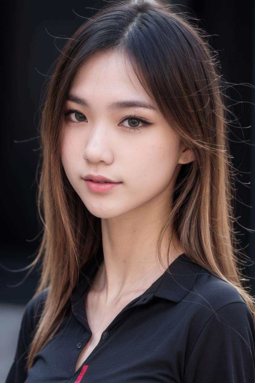 20 years old woman, (photorealistic:1.4, realistic), highly detailed CG unified 8K wallpapers, 1girl, (((thick body:0.8))), looking at viewer, (HQ skin:1.4), 8k uhd, dslr, soft lighting, high quality, film grain, Fujifilm XT3, ((upper body shot:1.2)), (((black silk collared shirt))), ((simple background, black background)),   <lora:shellyoktivia-V1:0.7>