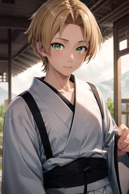 masterpiece, best quality, high quality, 1boy, solo, male focus, looking at viewer, upper body, <lora:rudeus_greyrat:0.70>, rudeus_greyrat, , yukata