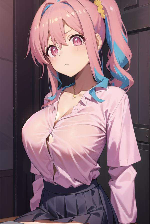 kaedehozuki, <lora:kaedehozukitest:1>, kaede hozuki, 1girl, blue hair, gyaru, hair between eyes, hair ornament, hair scrunchie, large breasts, multicolored hair, (pink eyes:1.5), pink hair, side ponytail, sidelocks, two-tone hair, yellow scrunchie,BREAK black skirt, cleavage, collarbone, dress shirt, pleated skirt, shirt, shirt tucked in, skirt, thigh gap, white shirt,BREAK looking at viewer,BREAK indoors, classroom,BREAK <lora:GoodHands-vanilla:1>, (masterpiece:1.2), best quality, high resolution, unity 8k wallpaper, (illustration:0.8), (beautiful detailed eyes:1.6), extremely detailed face, perfect lighting, extremely detailed CG, (perfect hands, perfect anatomy),