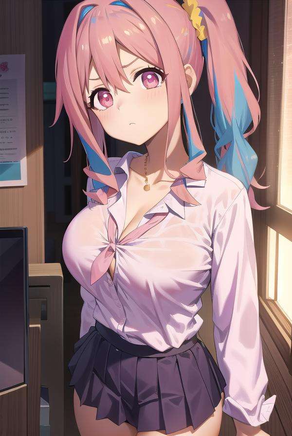 kaedehozuki, <lora:kaedehozukitest:1>, kaede hozuki, 1girl, blue hair, gyaru, hair between eyes, hair ornament, hair scrunchie, large breasts, multicolored hair, (pink eyes:1.5), pink hair, side ponytail, sidelocks, two-tone hair, yellow scrunchie,BREAK black skirt, cleavage, collarbone, dress shirt, pleated skirt, shirt, shirt tucked in, skirt, thigh gap, white shirt,BREAK looking at viewer,BREAK indoors, classroom,BREAK <lora:GoodHands-vanilla:1>, (masterpiece:1.2), best quality, high resolution, unity 8k wallpaper, (illustration:0.8), (beautiful detailed eyes:1.6), extremely detailed face, perfect lighting, extremely detailed CG, (perfect hands, perfect anatomy),