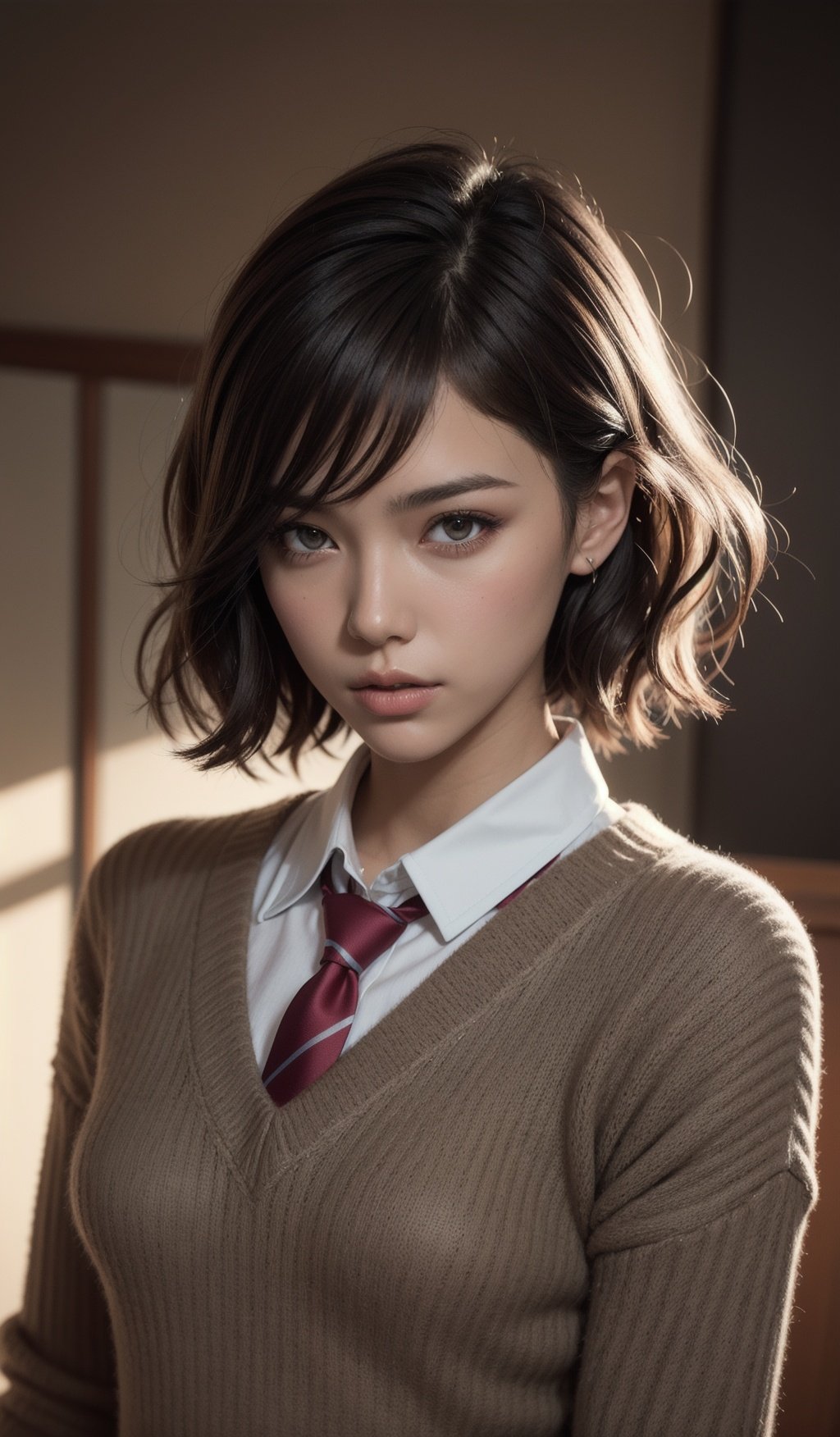 a girl with wavy brown hair pixie haircut wearing a winter sweater with a tie designed by italian tie, character design by charlie bowater, ross tran, artgerm, and makoto shinkai, detailed, soft lighting, rendered in octane,  <lora:Skin%20Whitening%20and%20Tanning%20Regulator:0.9>
