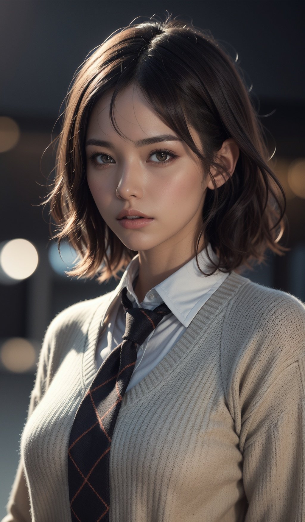 a girl with wavy brown hair pixie haircut wearing a winter sweater with a tie designed by italian tie, character design by charlie bowater, ross tran, artgerm, and makoto shinkai, detailed, soft lighting, rendered in octane,  <lora:Skin%20Whitening%20and%20Tanning%20Regulator:0.9>