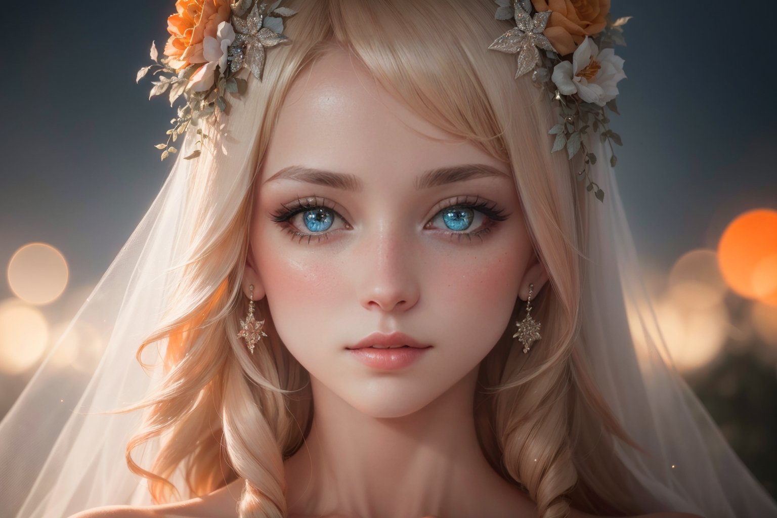 Story, sparkling beautiful eyes, blonde hair, bride posing under a fairy tale, elaborate scene style, glitter, orange, realistic style, 8k,exposure blend, medium shot, bokeh, (hdr:1.4), high contrast, (cinematic, dark orange and white film), (muted colors, dim colors, soothing tones:1.3), low saturation, (hyperdetailed:1.2), (noir:0.4),1 girl