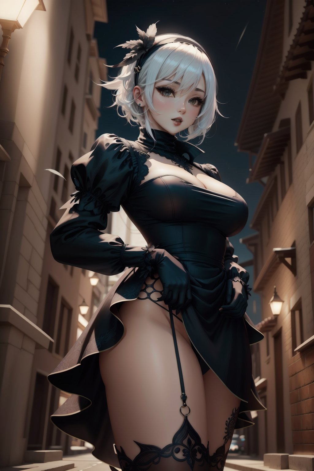 SudachiV1YoRHa No.2 Type B, looking_at_viewer, serious, 1woman, solo, white hair, parted lips, lips, nose, lifelike, long sleeves, juliet sleeves, white gloves, turtleneck, bangs, feather trim, feather-trimmed sleeves, black hairband, blindfold, standing, black goth dress skirt, big_boobs, outdoor, ((hands on waist, nighttime,leaning towards)), (( from below )),thighs,Sexy