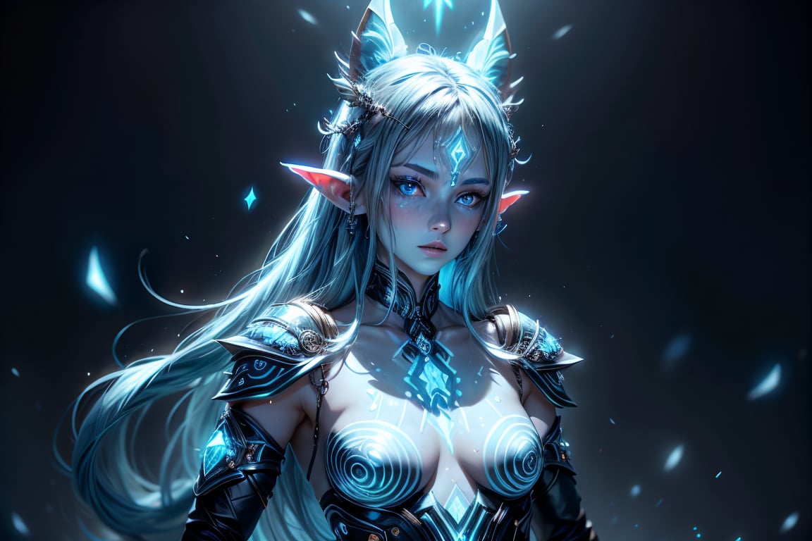 blue humanoid avatar with bioluminescent avatar markings dots and patterns on their skin. Pointed elf ears. avatar like hair, hair colour black, sparkling glowing blue eyes, slightly shimmery iridescent blue skin. female, warrior like, magical and mystical, detailed and realistic. Only blue skin tone. Only blue coloured skin. Skin colour all blue.,1 girl