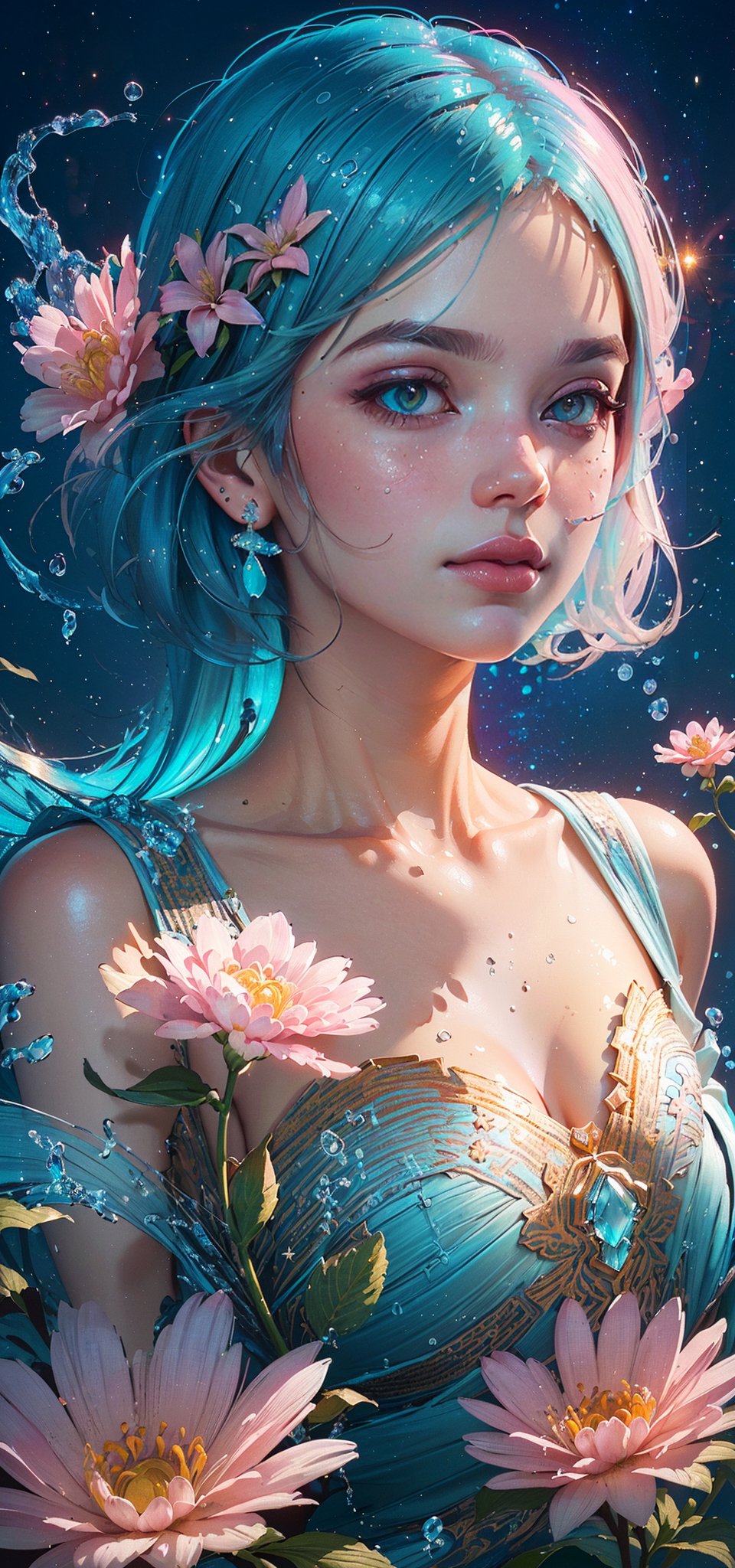 Breathtaking, (Masterpiece, Best Quality:1.2), (a natural beauty), 1 girl, solo, in a serene mood, High quality digital art, (with realistic textures), (Ilya Kuvshinov style:1.3), (aquamarine hair:1.3), (pink flower accents:1.3), with a tranquil expression , in elegant attire, (sunny garden backdrop:1.2), (dynamic angle:1.2), (Kuvshinov-inspired blend:1.3), realistic details, captivating aura, serene composition, (cosmic hues, cosmic tapestry, cosmic fusion:1.3), (ethereal allure:1.3, ethereal lighting:1.3),professional, highly detailed,