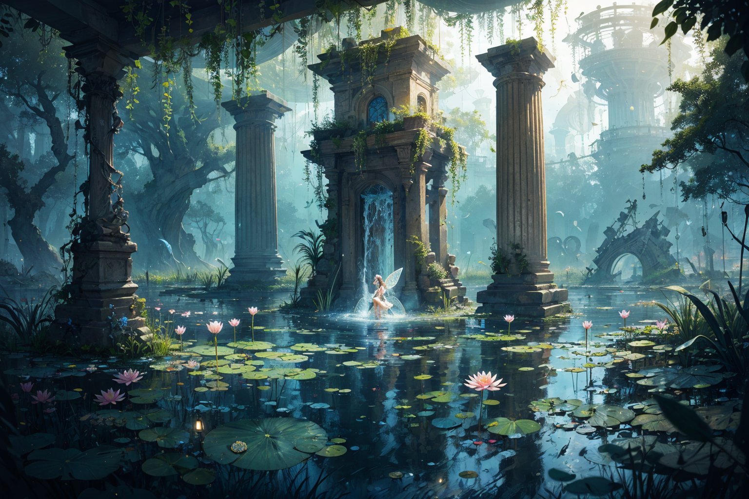 (masterpiece) , (best quality) , (((lybyrynth))), high angle, ruins , Labyrinth, hanging gardens of babylon at night, pond, mud, godrays, water lilies,fairy nymph in the water, reeds, (fireflies:0.9), vivid color, three point perspective, cinematic lighting, intricate detail  , (by paul zizka:0.8),no_humans,More Detail