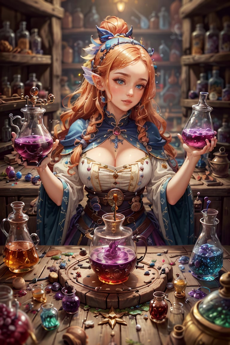 (masterpiece,best quality:1.2),Extremely detailed really cute young ginger woman potion mistress, magic, lots of colorful potions, glowy smoke, tetradic colors, bubly, detailed alchemist room, jrpg, cartoonish vector, volumetric lights, very detailed potions and alchemy laboratory scenery, colorful, dynamic, visually rich, whimsical, fairy tale,More Detail