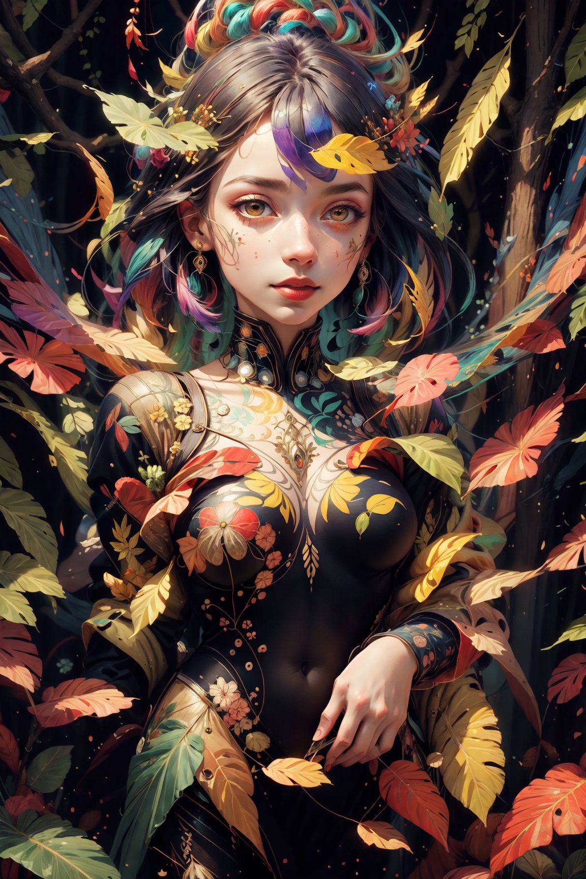 a masterpiece artwork, Seamlessly blends the girl's vibrant personality with the natural beauty of leaves. As she dances through a (kaleidoscope of colors and patterns), the leaves respond, mirroring her movements with mesmerizing fractal designs, detailed, crisp color, high_res details,Leonardo Style, illustration,wul4n,High detailed ,fantchar