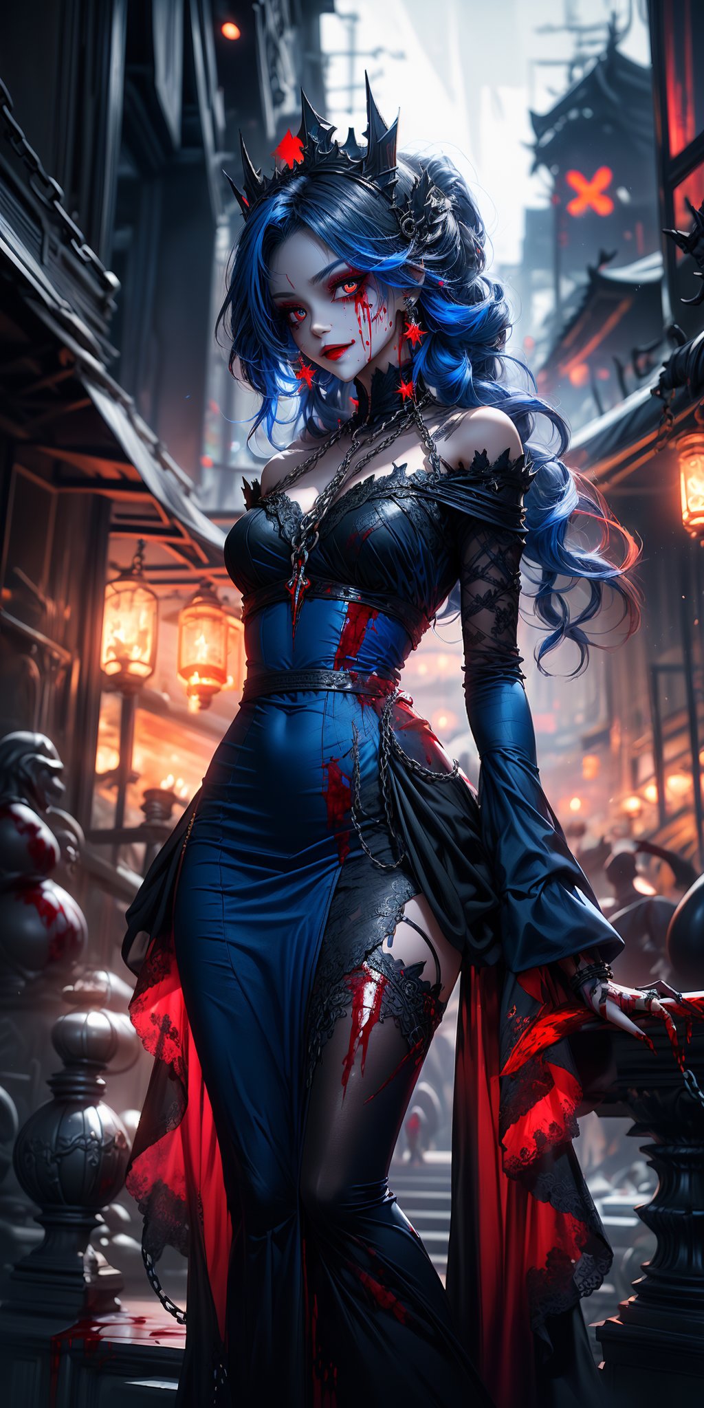  (masterpiece, best quality:1.3), (8k wallpaper), (detailed beautiful face and eyes), (detailed illustration), (super fine illustration), (vibrant colors), (professional lighting), 
One girl, (long blue hair, red blood eyes, evil smile), chlotes (red/blue/black elegant dress with worn parts:1.8), crown(black:1.8, with blood:1.8), background (lost castle:1.8, chains:1.8, darkness:1.8 ,ghosts, flying blue flames:1.8, scary night),girl