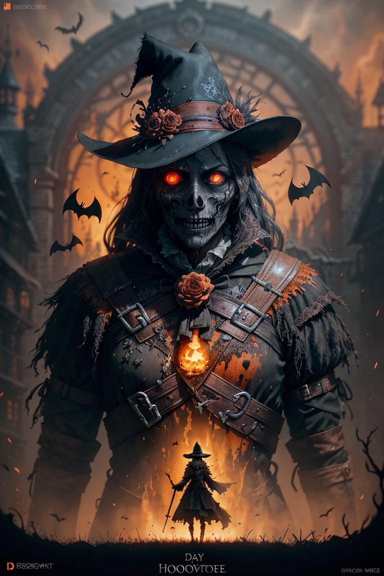 Silhouette of a bloodborne scarecrow hunter, glowing eyes, t-shirt design, Dark Magic Splash, gothic, (Halloween), burnt orange gradient, Magical, nature, clean background, Magic Splash, 3D vector art, fantasy art, Effect watercolor, Bokeh, Adobe Illustrator, hand drawn, Digital painting, soft lighting, Isometric style, retro aesthetic, 4K Resolution, using Cinema 4D, Daylighting, Cinematic, masterpiece, Highly detailed, intricate, extreme texture, horror, Terry Fassing , horrifying, scary,fantchar