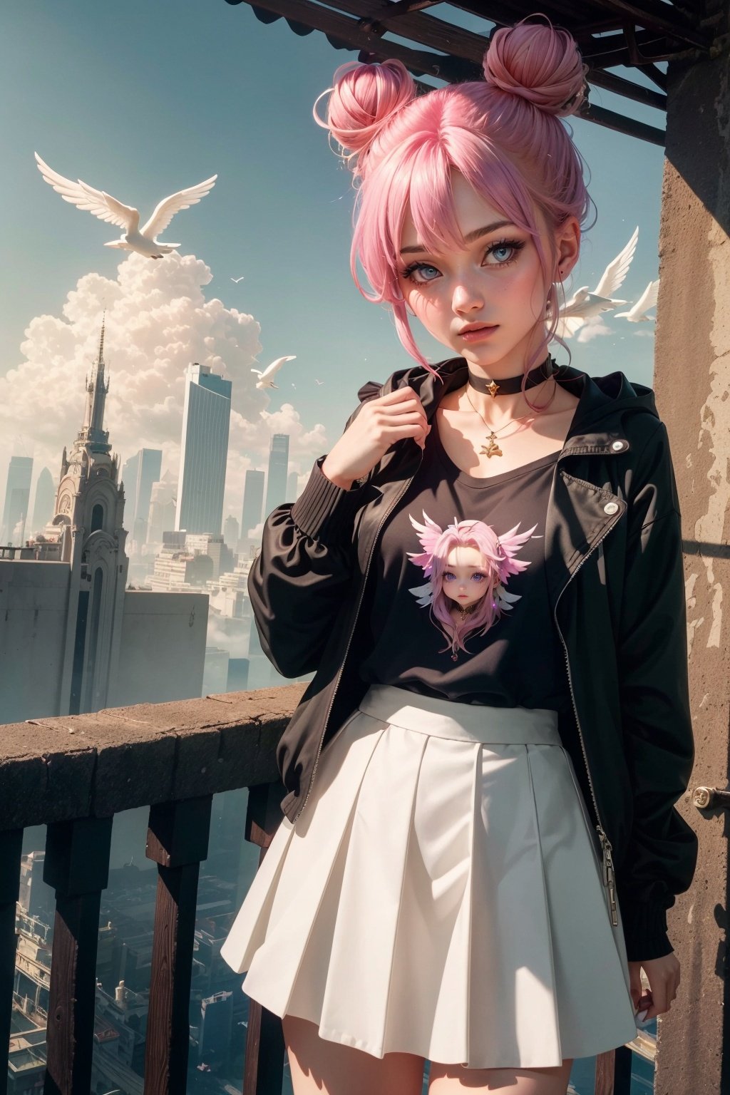 (masterpiece:1.2), best quality,fantasy,(anime),masterpiece, best quality, 1girl, solo, looking_at_viewer, smile, open_mouth, skirt, shirt, hair_ornament, pink_hair, jacket, pink_hair, multicolored_hair, pleated_skirt, wings, choker, hairclip, hood, pink_eyes, hair_bun, chibi, black_shirt, double_bun, black_choker, blush, white_skirt, feathered_wings, angel_wings, white_wings, sky, flying, halo, hand up, skyscraper, angel, from top, cityscape, scenery, yellow bae,(HDR:1.4) <lora:UE_20230717224732-000003:0.6>