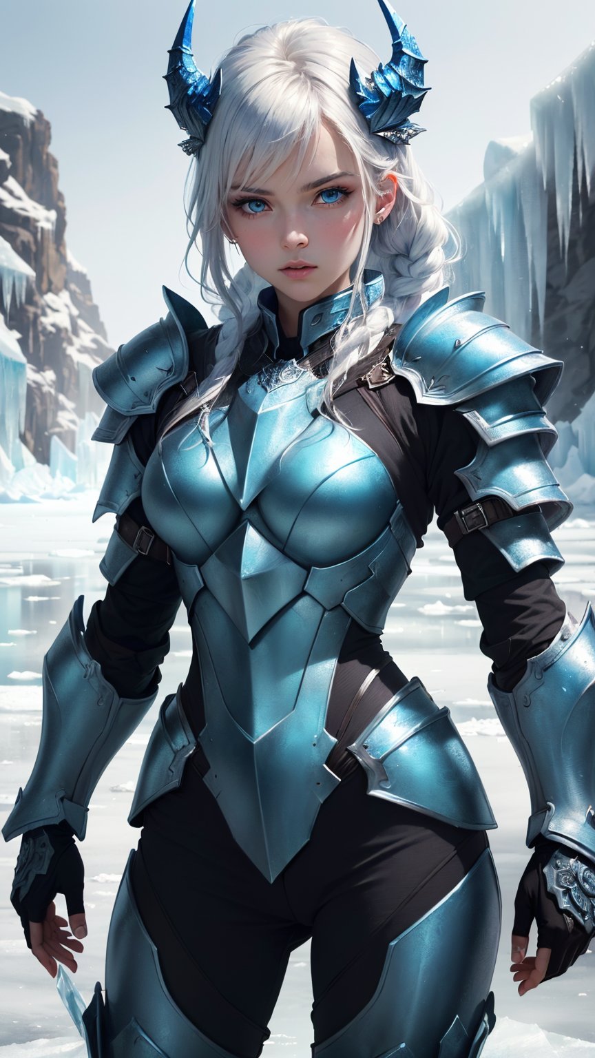 (Masterpiece:1.3), Highres, best quality, (extremely detailed, area lighting in background, HD, 8k, extremely intricate:1.3), (cowboy shot), Painting, 1 girl, ice dragon, blue eyes, (((ice forming on the body to form armor:1.2))),(Ice armour:1.5),ice, (ice sword:1.2),GlowingRunes_blue, runes on stomach (ice dragon in the background) ,