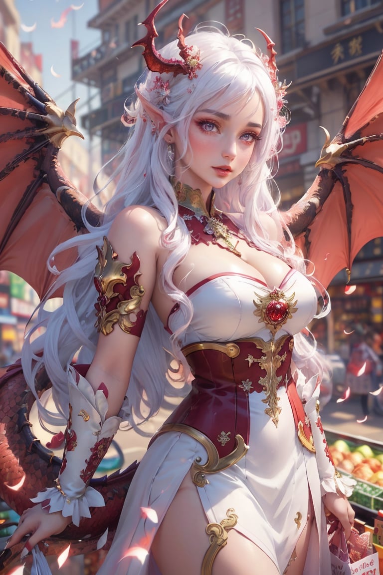(Background supermarket), shopping,Demon,masterpiece,best quality, 1 girl, Extremely beautiful woman  glowing dragon wings, glowing hair, long cascading hair, white hair, crimson dress with white skirt,, full lips, hyperdetailed face, detailed eyes, cinematic lighting,perfect hands, dragon girl, girl with dragon wings, dark fantasy,More Detail