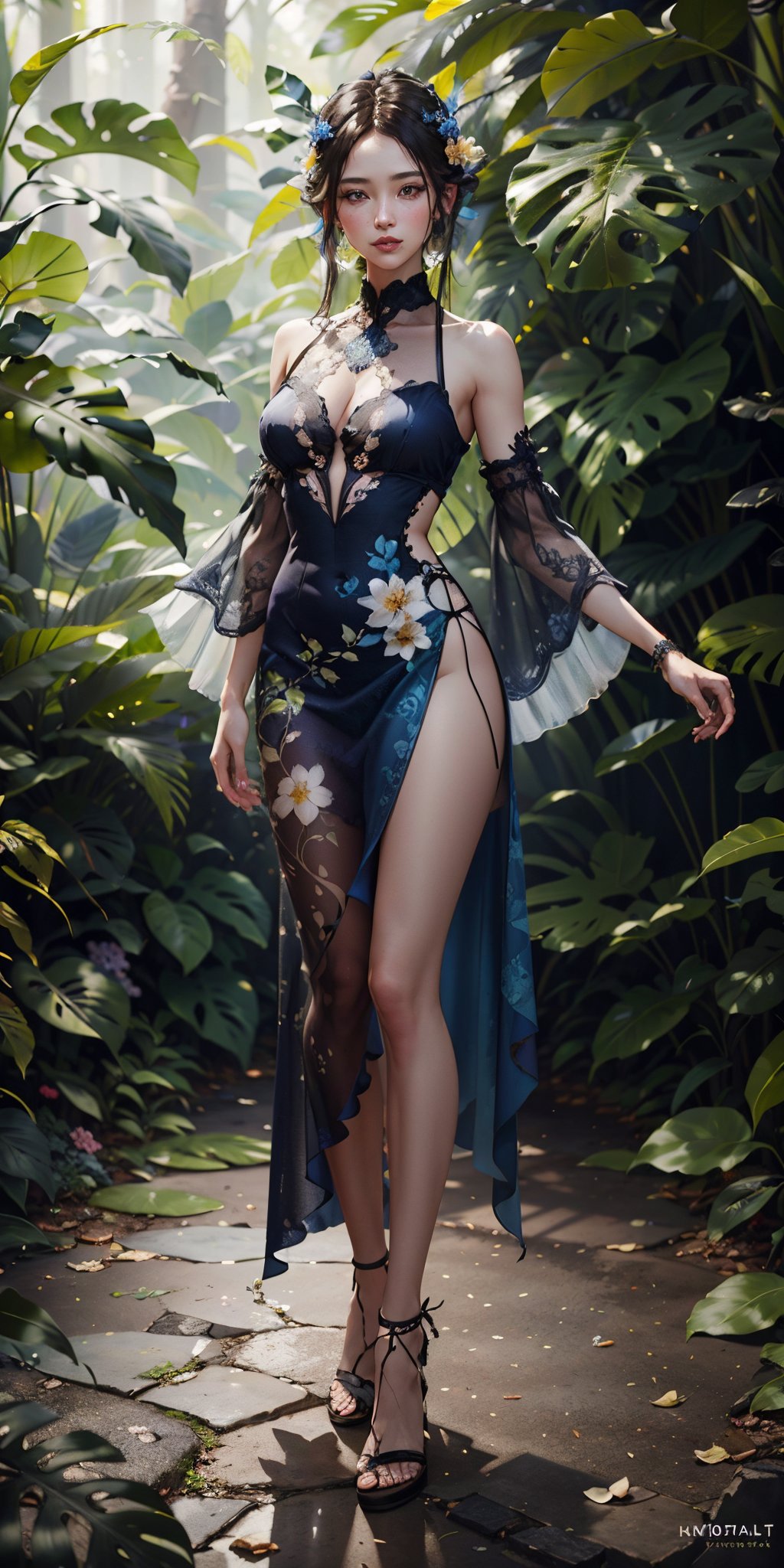 Full body,fashion photography portrait of blue human avatar, in blue lush jungle with flowers and birds, 3d render, cgi, symetrical, octane render, 35mm, bokeh, (intricate details:1.12), hdr, (intricate details, hyperdetailed:1.15), (natural skin texture, hyperrealism, soft light, sharp:1.2),