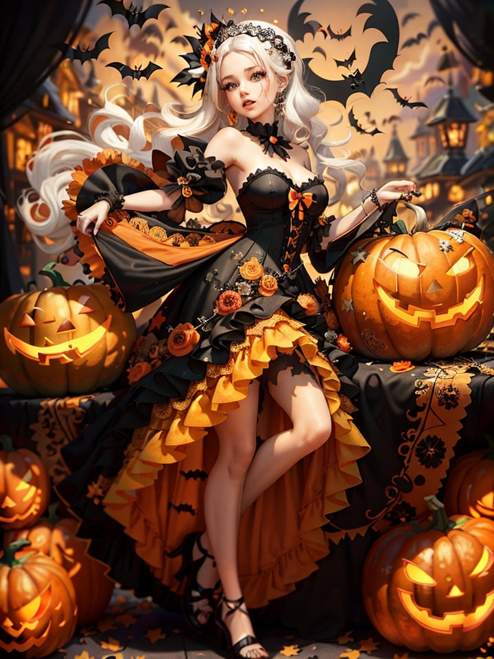 (masterpiece, best quality:1.2),vector art,Girl whitcher , dress {black and orange},(({hair white})),ornaments
,Halloween,halloween pumpkin,