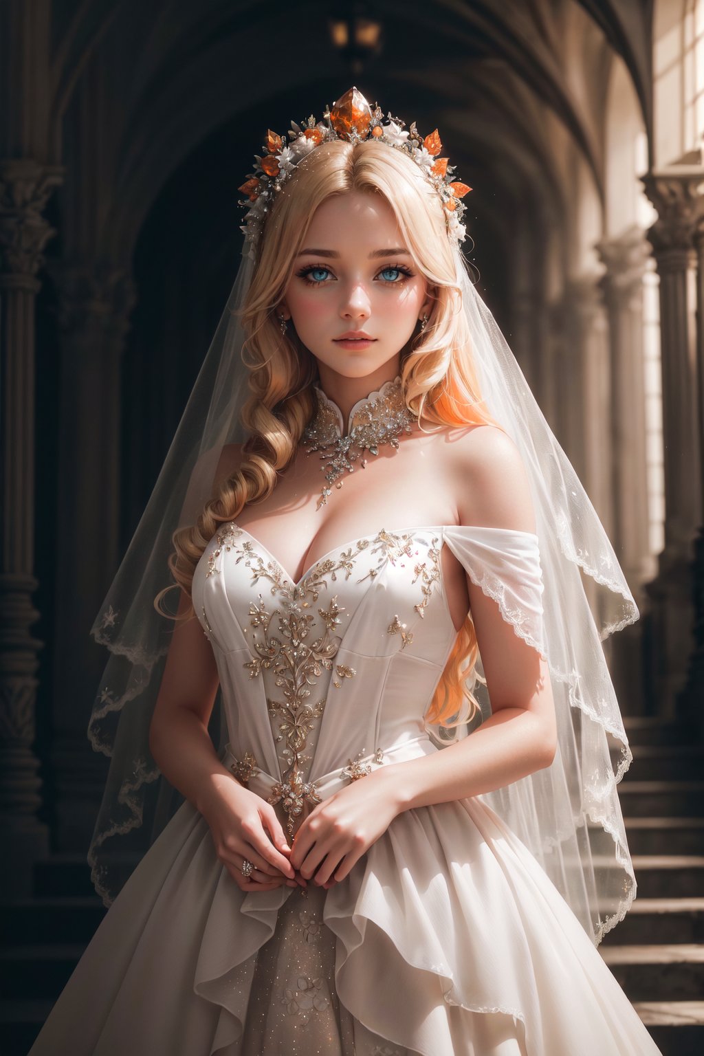 Story, sparkling beautiful eyes, blonde hair, bride posing under a fairy tale, elaborate scene style, glitter, orange, realistic style, 8k,exposure blend, medium shot, bokeh, (hdr:1.4), high contrast, (cinematic, dark orange and white film), (muted colors, dim colors, soothing tones:1.3), low saturation, (hyperdetailed:1.2), (noir:0.4),1 girl