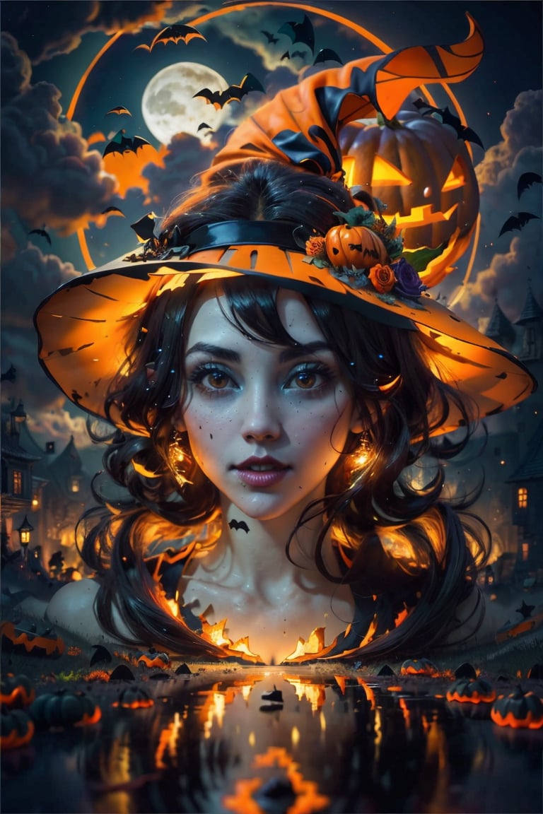 Women portrait,Orange,halloween pumpkin,halloween,Blue cinematic light ,Halloween Floating Lights, Cinematic light and reflection, glowing lights, Intermediate metaverse elements,Digital Painting, Glowing reflections, pondering, Halloween Jack-o'-lantern, calm night, Digital Illustration, Beautiful atmosphere, Skylight at night, Calm evening atmosphere, Jack-o'-lantern, Halloween, the night, themoon, The game scene, Halloween, Surrounded by clouds, Buildings in medieval Europe, glazed tiles, ue, gorgeous colors, There are three arches in the foreground((color ink)), ( (Splash ink ) ), ((Splash ink) inky})), tmasterpiece, high quarity, Beautiful graphics, high detal,sweetscape,full background