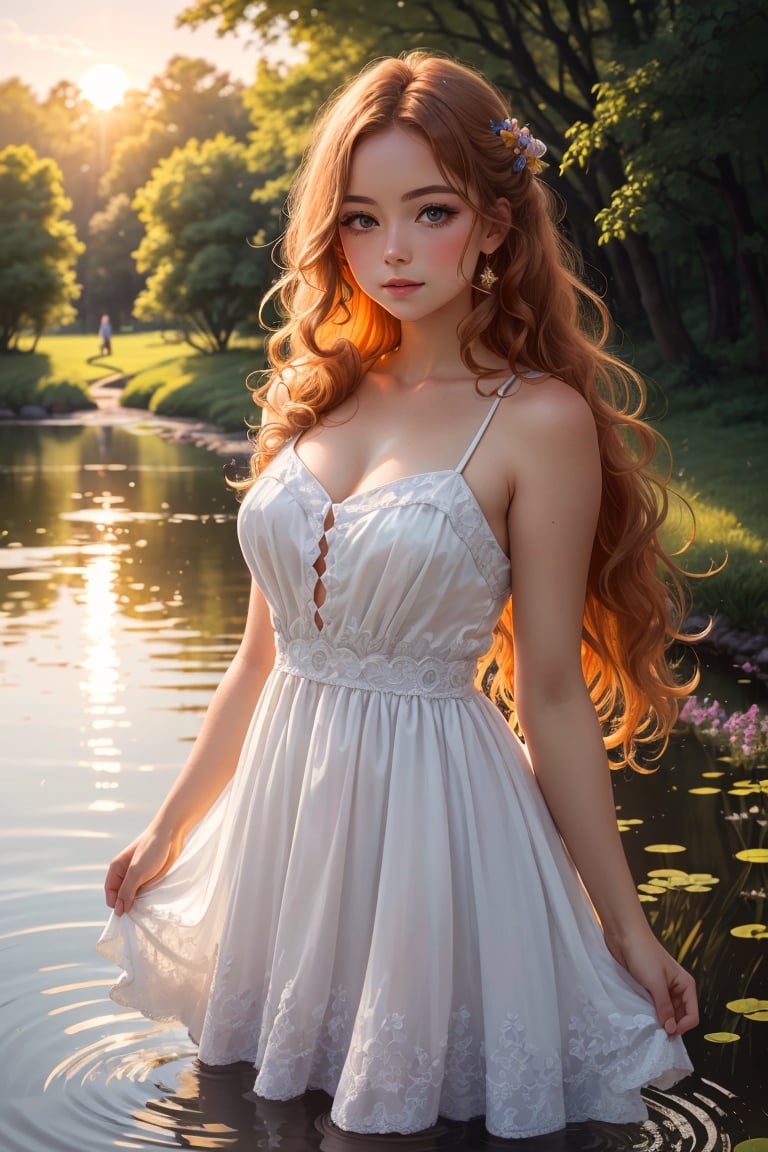 ultra detailed of a beautiful woman wearing a flowy dress in a pond, looking down, beautiful wavy ginger hair illuminated by backlights, sunbeams, whimsical, backlit, sunset, colorful, tetradic colors, mystic, ultra sharp focus, (masterpiece,best quality:1.2), best resolution`