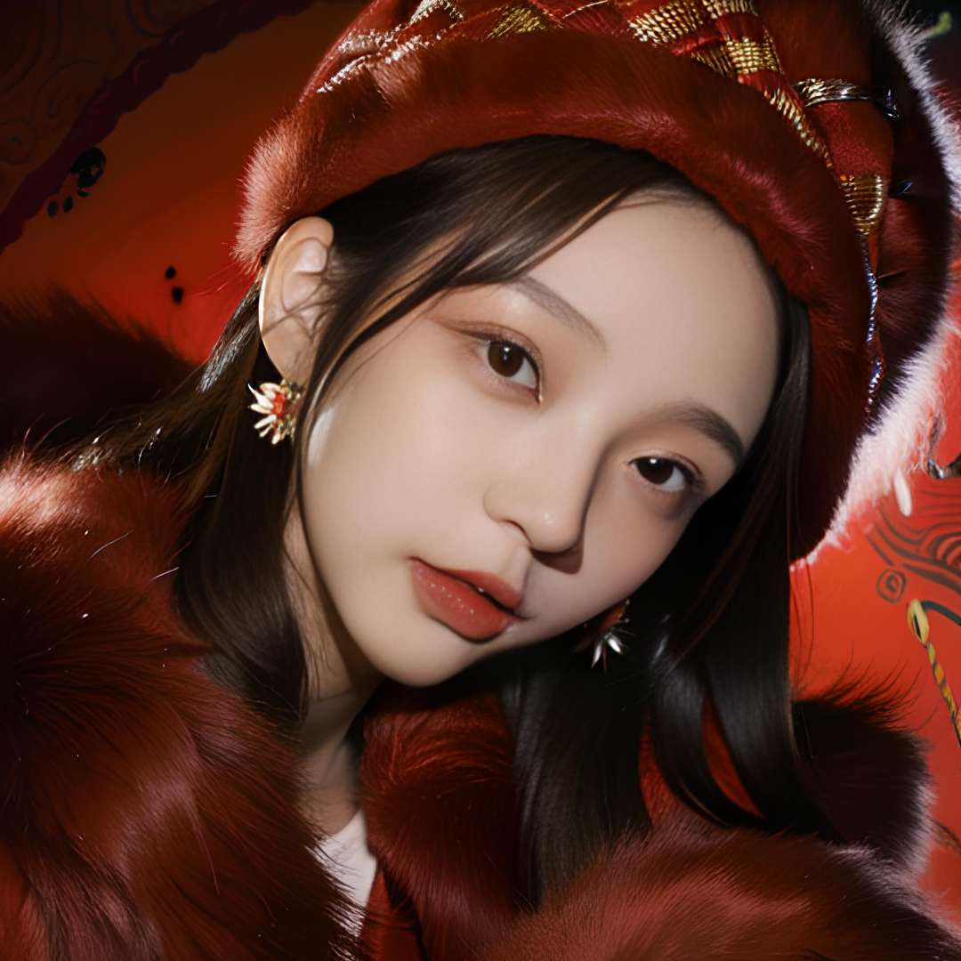 Mizuki_Lin,masterpiece, best quality, 1girl, red background, black hair, Long curly hair, face front, ((red fashion silk lone costume with red swirling vortexes pattern)), ((Red Plush Fur Hat)), emotional face, (close up portrait), make up, studio light, studio,<lora:1260+540lr5+1200lr25:1>