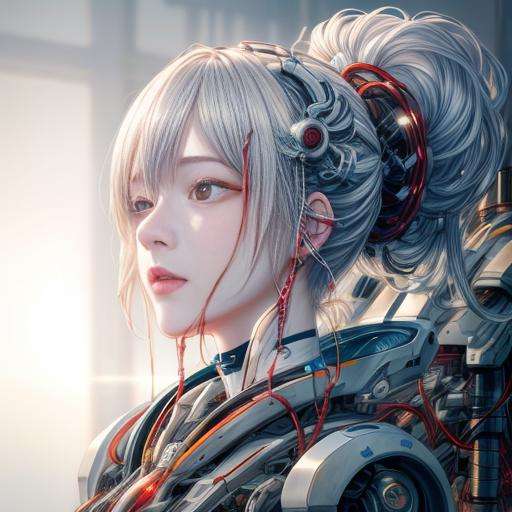 Mizuki_Lin,1mechanical girl, white themed, ultra realistic details, portrait, global illumination, shadows, octane render, 8k, ultra sharp,intricate, ornaments detailed, cold colors, metal, egypician detail, highly intricate details, realistic light, trending on cgsociety, glowing eyes, facing camera, neon details, machanical limbs,blood vessels connected to tubes,mechanical vertebra attaching to back,mechanical cervial attaching to neck,sitting,wires and cables connecting to head,<lora:MizukiLin_7809:1> <lora:add_detail:1> <lora:epi_noiseoffset2:1>