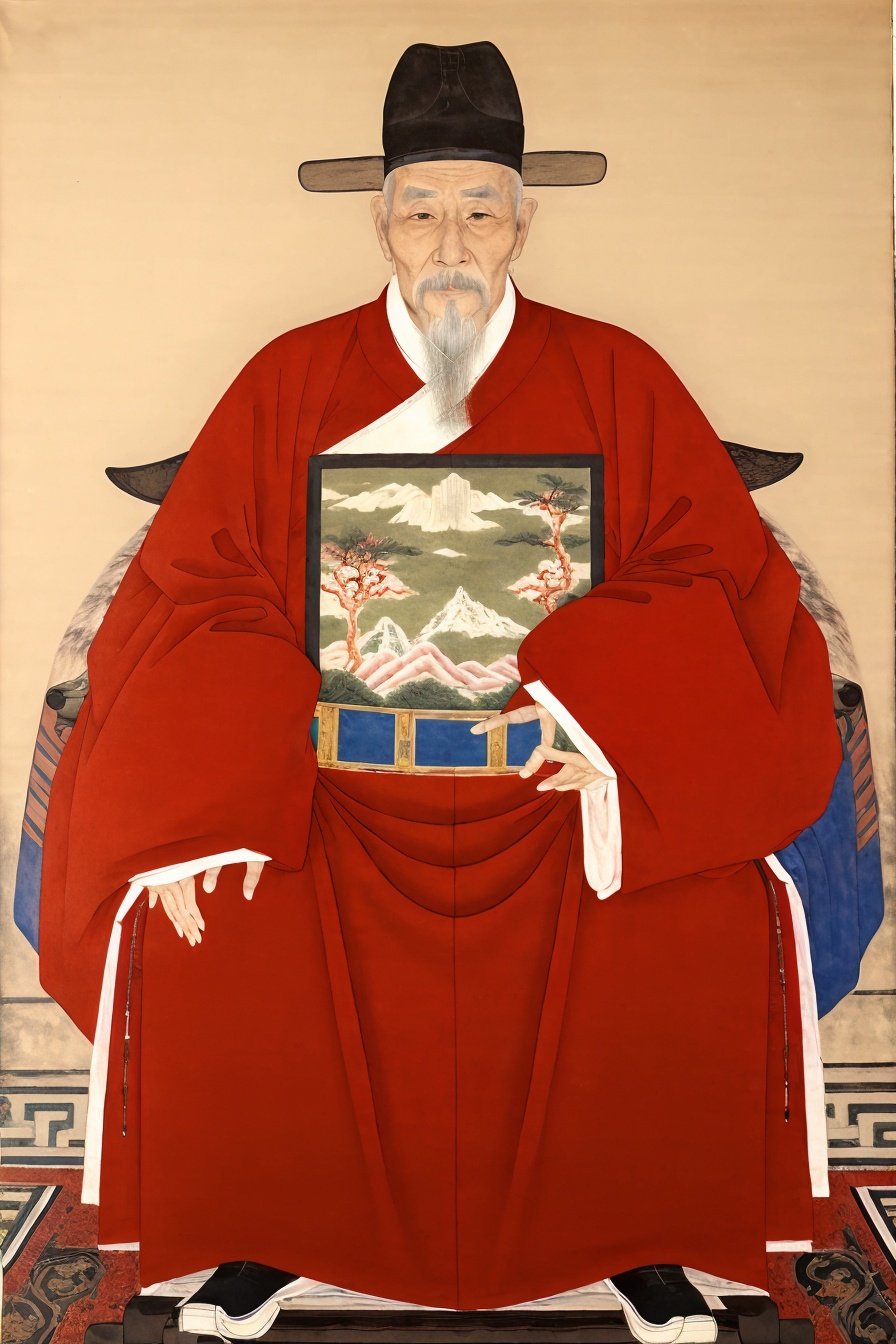 best quality, highres, painting of 1 old man,  full body, red Chinese clothes,  hanfu, xiaoxiang, mingstyle, black hat, mandarin square