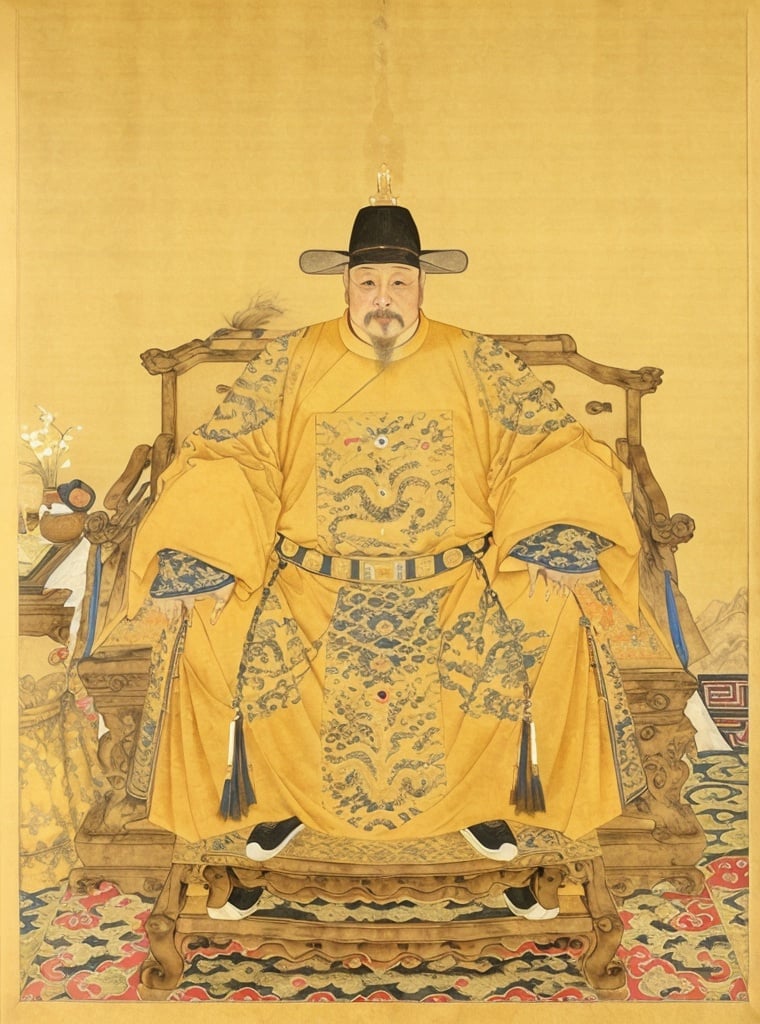 best quality, highres, painting of 1 middle aged man,  full body, yellow Chinese clothes,  hanfu, xiaoxiang, mingstyle, black hat, mandarin square, Emperor Yingzong of Ming