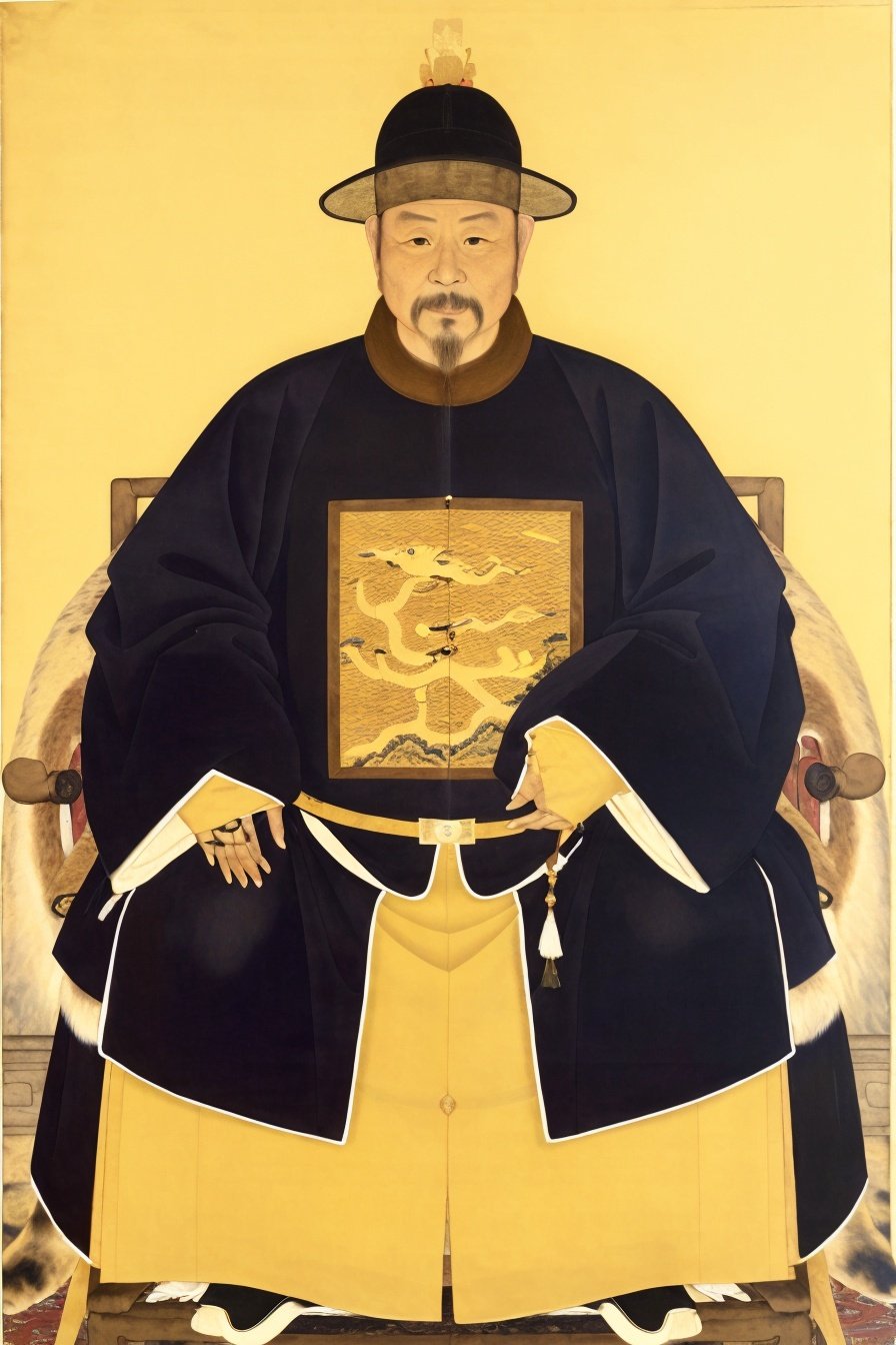 best quality, highres, painting of 1 middle aged man,  full body, yellow Chinese clothes,  hanfu, xiaoxiang, mingstyle, black hat, mandarin square, Emperor Yingzong of Ming