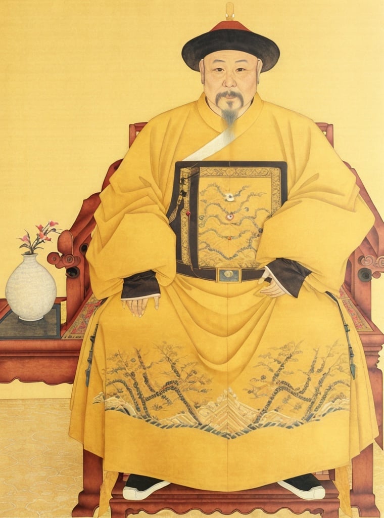 best quality, highres, painting of (1 middle aged man,  full body), yellow Chinese clothes,  hanfu, xiaoxiang, mingstyle, black mingstyle hat, mandarin square, (Emperor Yingzong of Ming), on the Chinese throne, (((Yishanguan)))