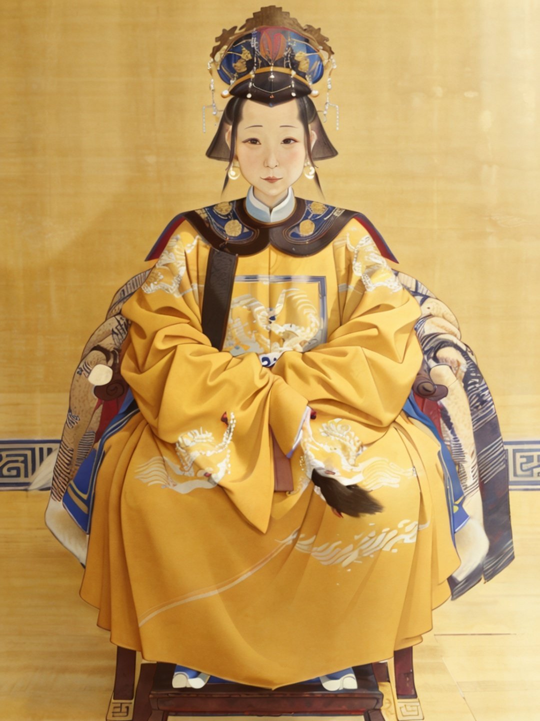 (1 Chinese emperor), Ming Dynasty, mingstyle), yellow robe with dragon pattern, Chinese traditional portraits painting, Chinese court painting, light yellow background, best quality, highres, full body,  hanfu, xiaoxiang,