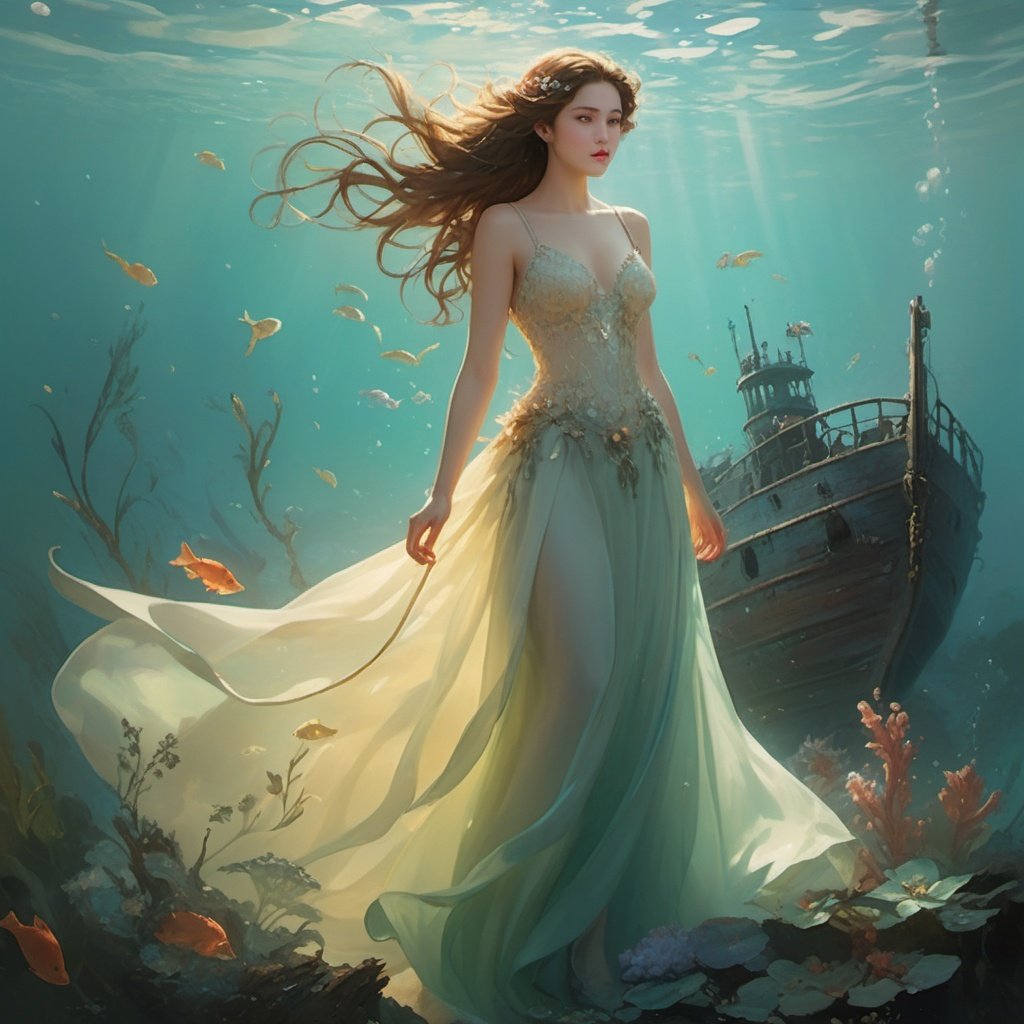 Subject: An elegant woman wearing a gorgeous evening gown stands on the wreckage of a sunken ship. Description: The woman stands gracefully on the wreckage of the sunken ship, her long skirt flowing and delicate. Surrounded by floating seaweed, small fish, and other items that do not match the dinner scene. This scene brings a sense of contradiction such as time confusion, the interweaving of reality and fantasy, giving people a strong sense of discord.