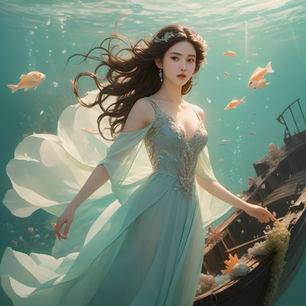 Subject: An elegant woman wearing a gorgeous evening gown stands on the wreckage of a sunken ship. Description: The woman stands gracefully on the wreckage of the sunken ship, her long skirt flowing and delicate. Surrounded by floating seaweed, small fish, and other items that do not match the dinner scene. This scene brings a sense of contradiction such as time confusion, the interweaving of reality and fantasy, giving people a strong sense of discord.