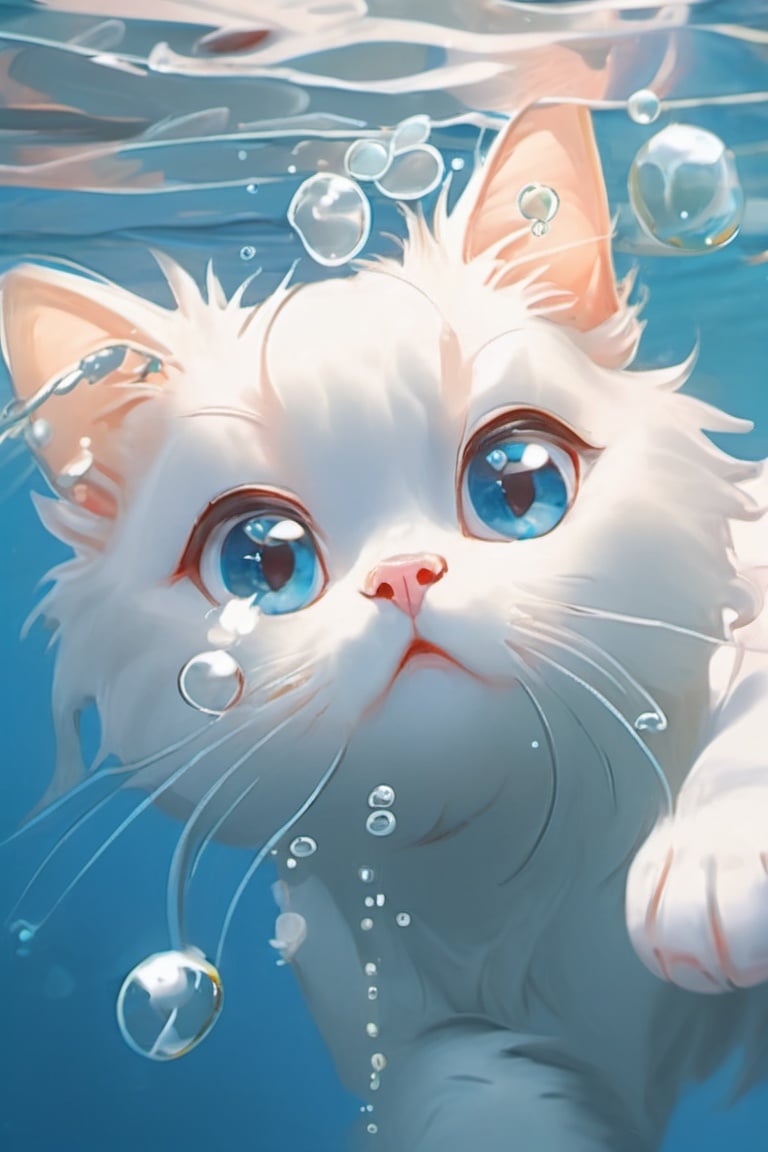 cat,MG mao,Exquisite visuals,high-definition,masterpieces,fish,whiskers,blue eyes,no humans,animal focus,open mouth,looking at viewer,white cat,underwater,bubble,solo,swimming,goldfish,submerged,water under,Bubble,HD screen,ragdoll,,,
