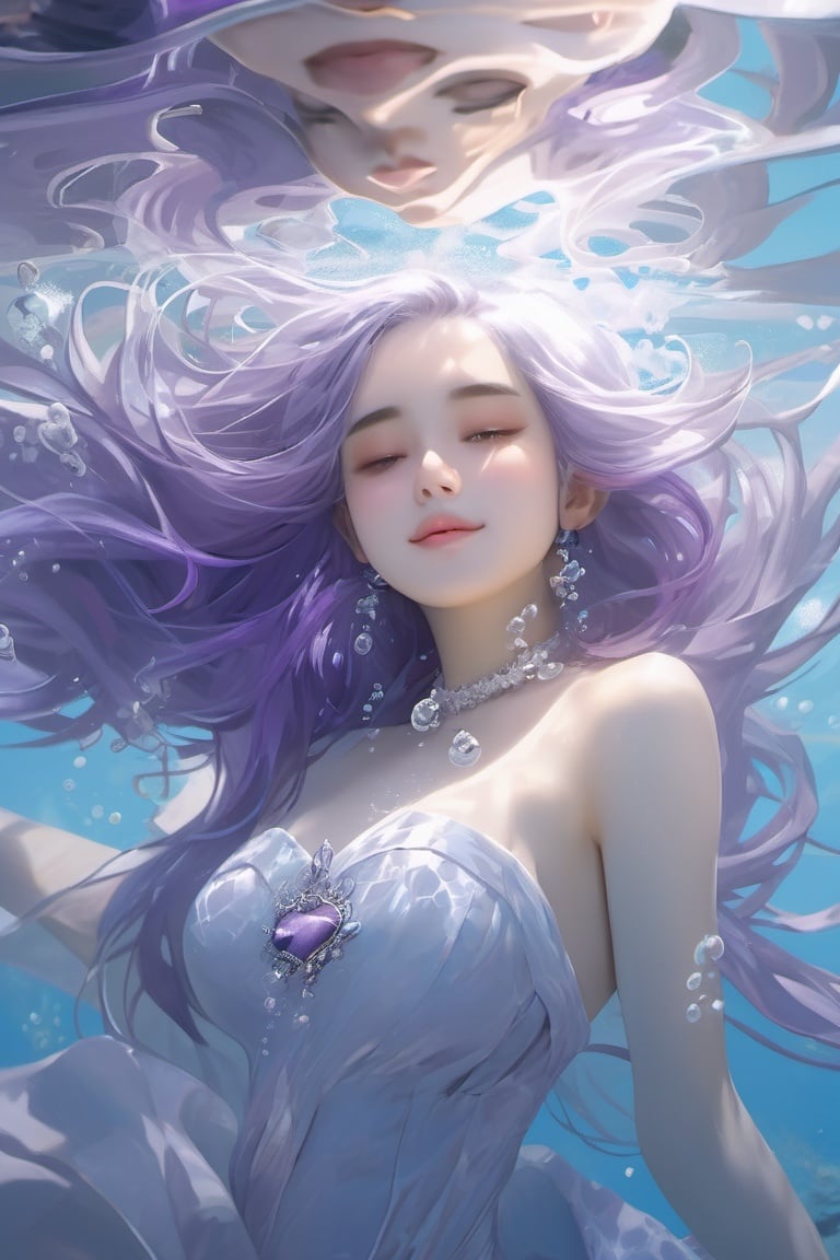 2girls, under the water, hugs, Deformation of the chest, long whitr hair, drak, enclose, kiss, purple hair, silver hair, crown, maid headdress, Surrealism, Verism, Surrealism, UHD, retina, masterpiece, textured skin, high details, best quality, 16k,shuixia